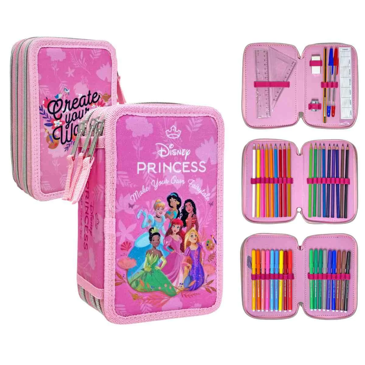 Astuccio 3 scomparti con accessori Giotto principesse Disney